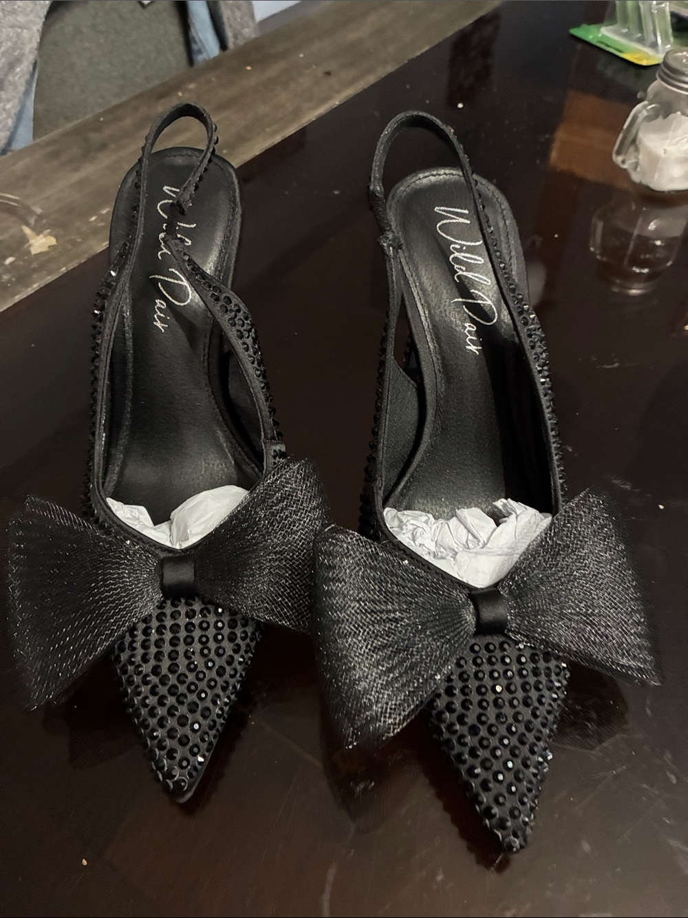 Wild Pair Black Crystal-Embellished Pointed Slingback Heels with Bow
